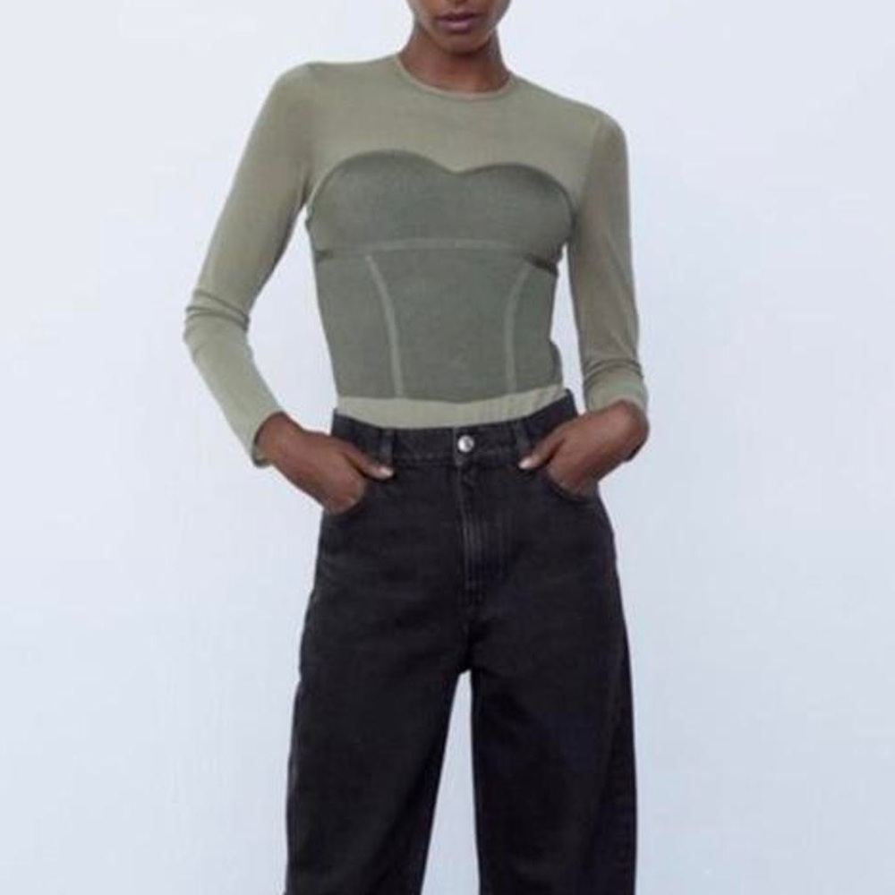 Zara contrasting knit khaki bodysuit